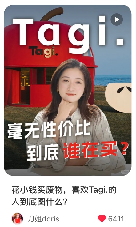 小红书笔记截图:刀姐doris《花小钱买废物,喜欢Tagi.的人到底图什么?》,封面字“毫无性价比 到底谁在买?”